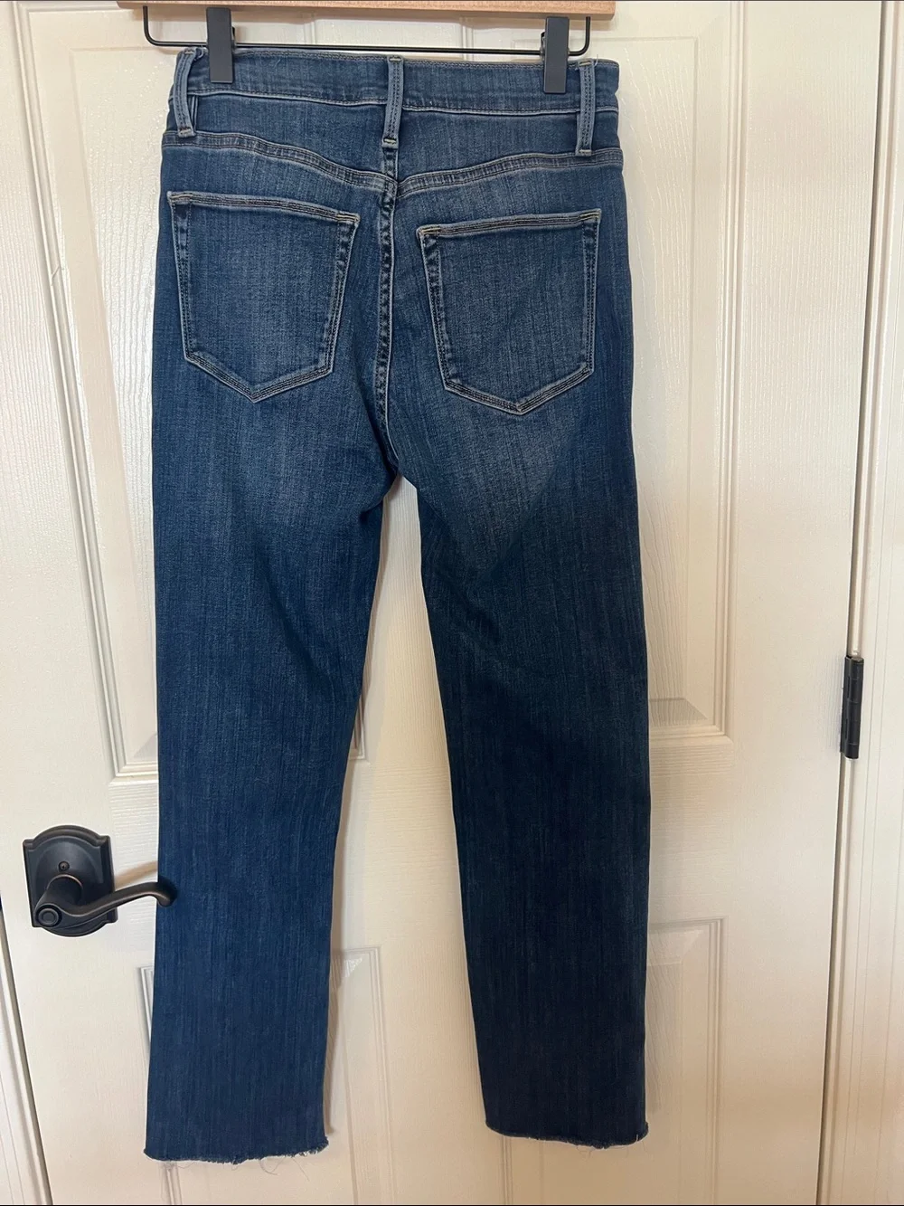 Frame Denim Jeans Le High Straight-Leg Knee Distress Blue 26 Ankle Fray Hem